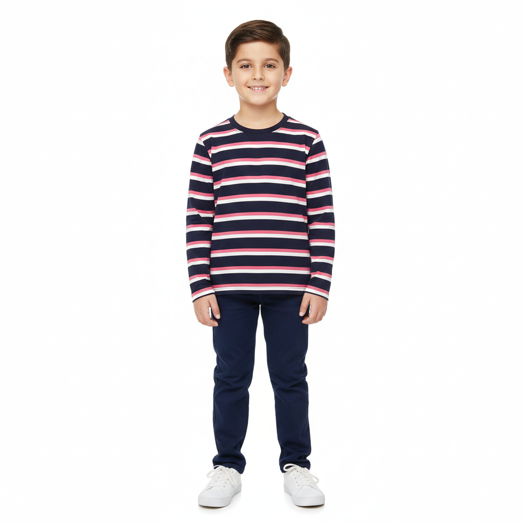 Multi-Color (Navy Blue, Pink, White) Lining Long Sleeves T-Shirt - Cotton Fabric - Affordable Summer Outfits - Kidswear Brand in Pakistan - Trendy Summer Articles - Lil' Cubs