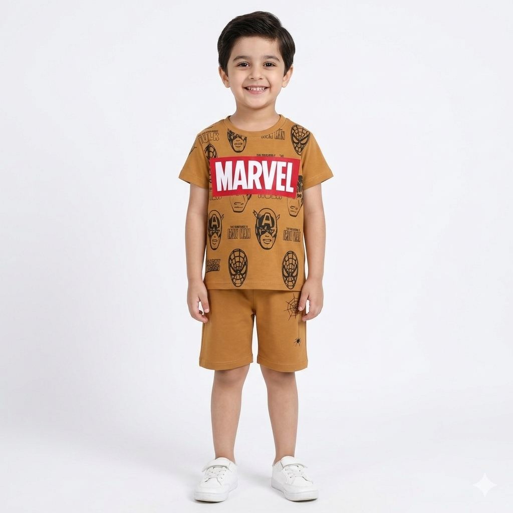 Trendy Kidswear Summer Coord Set - Marvel Print Kids Outfit - Mustard Coord Set - Top Kidswear Brand Pakistan - Jersey Cotton Fabric - Lil' Cubs