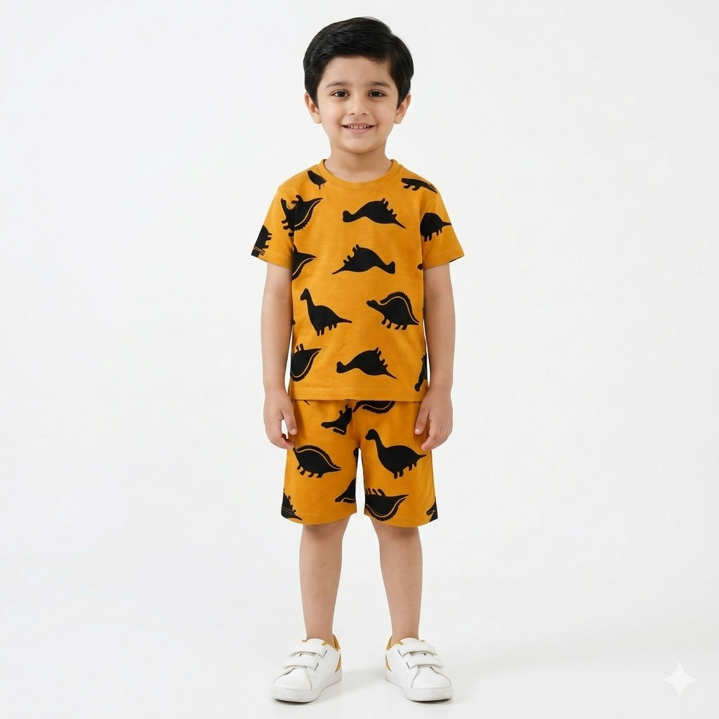 Trendy Kidswear Summer Coord Set - Dino Print Kids Outfit - Mustard Coord Set - Top Kidswear Brand Pakistan - Jersey Cotton Fabric - Lil' Cubs