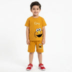 Mustard Elmo boys' summer coord set by lilcubspk featuring a playful Elmo graphic shirt and matching shorts for ages 1-12.