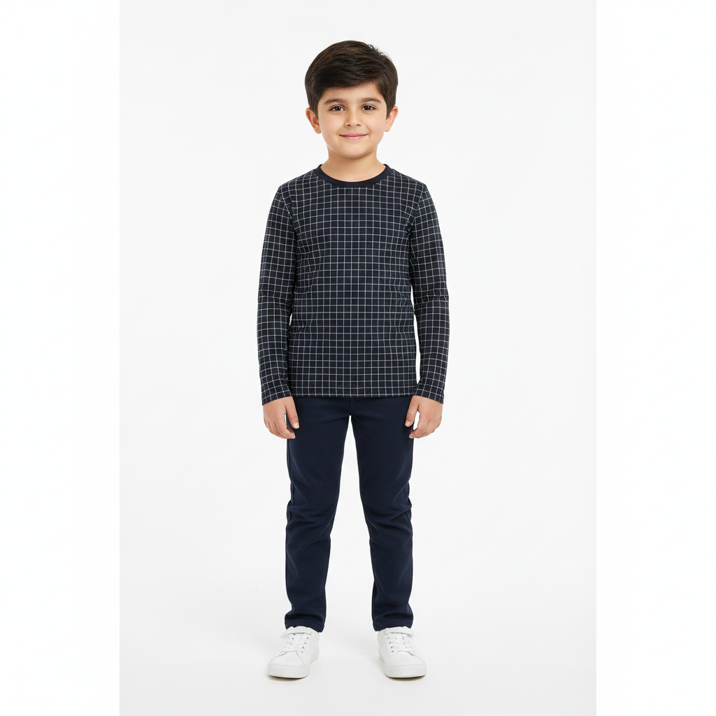 Navy Blue Long Sleeves T-Shirt with Blue Grids - Cotton Fabric - Affordable Summer Outfits - Kidswear Brand in Pakistan - Trendy Summer Articles - Lil' Cubs