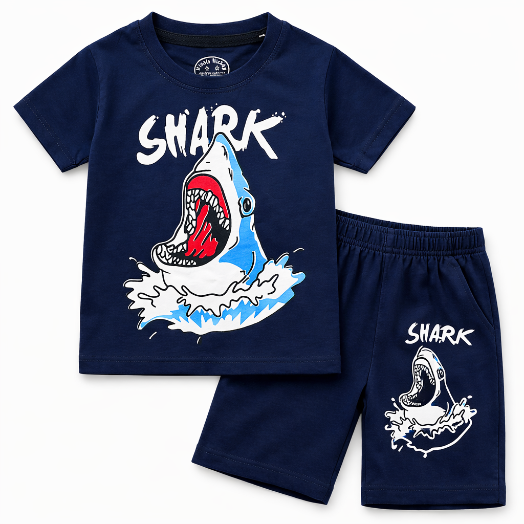 Trendy Kidswear Summer Coord Set - Shark Print Kids Outfit - Navy Blue Coord Set - Top Kidswear Brand Pakistan - Jersey Cotton Fabric - Lil' Cubs