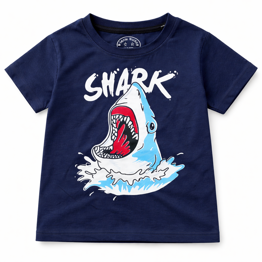 Trendy Kidswear Summer Coord Set - Shark Print Kids Outfit - Navy Blue Coord Set - Top Kidswear Brand Pakistan - Jersey Cotton Fabric - Lil' Cubs