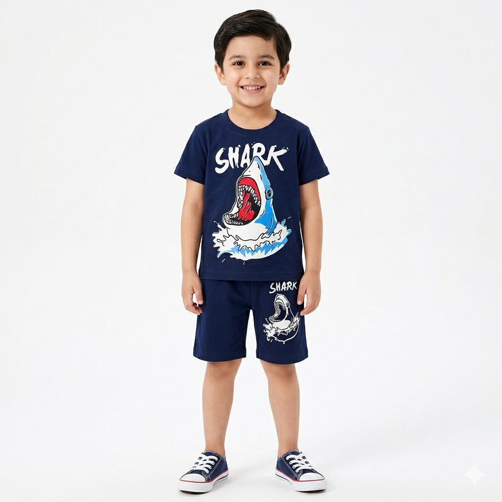 Trendy Kidswear Summer Coord Set - Shark Print Kids Outfit - Navy Blue Coord Set - Top Kidswear Brand Pakistan - Jersey Cotton Fabric - Lil' Cubs