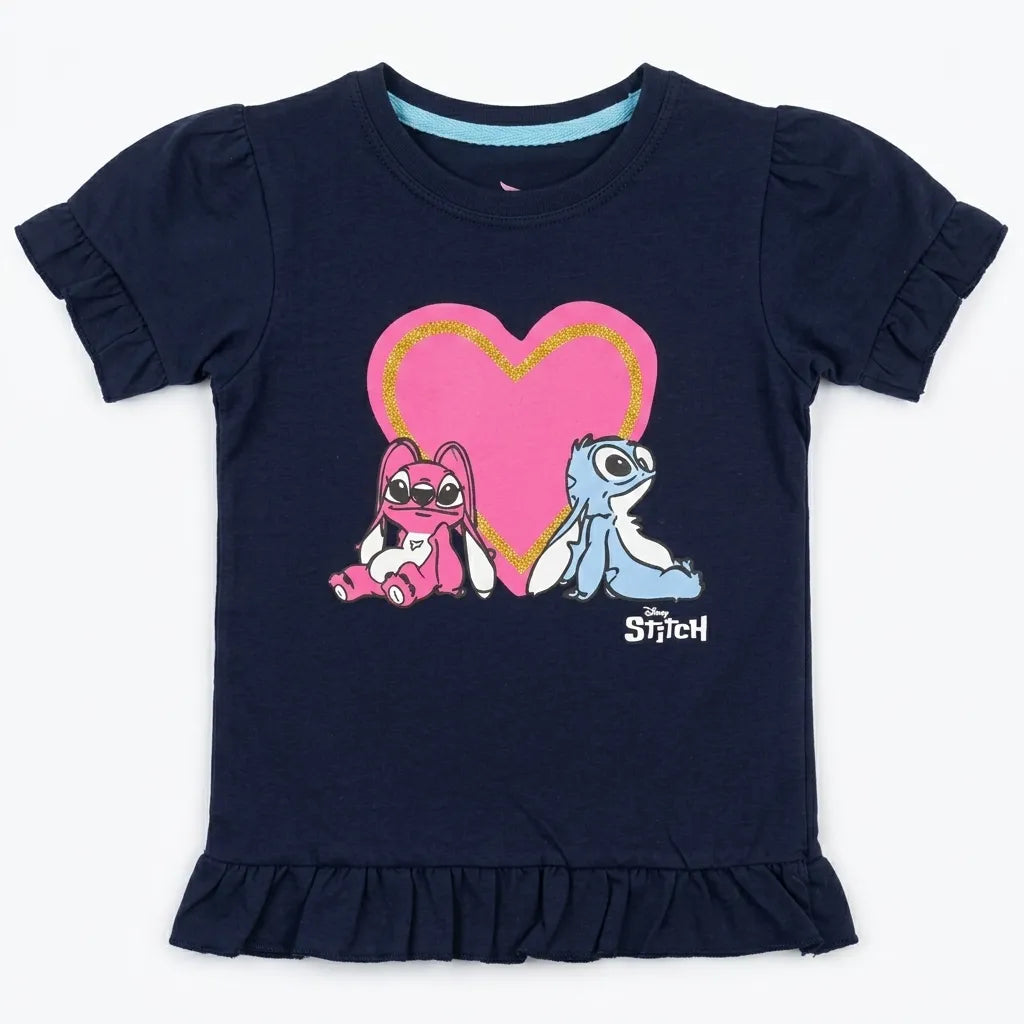 Navy Blue Stitch Print Cotton T-Shirt for Girls – 1 to 12 Years