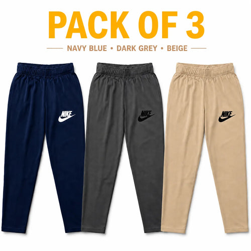 Set of three boys' cotton Nike basic trousers in assorted colors, featuring comfortable, casual design by lilcubspk.