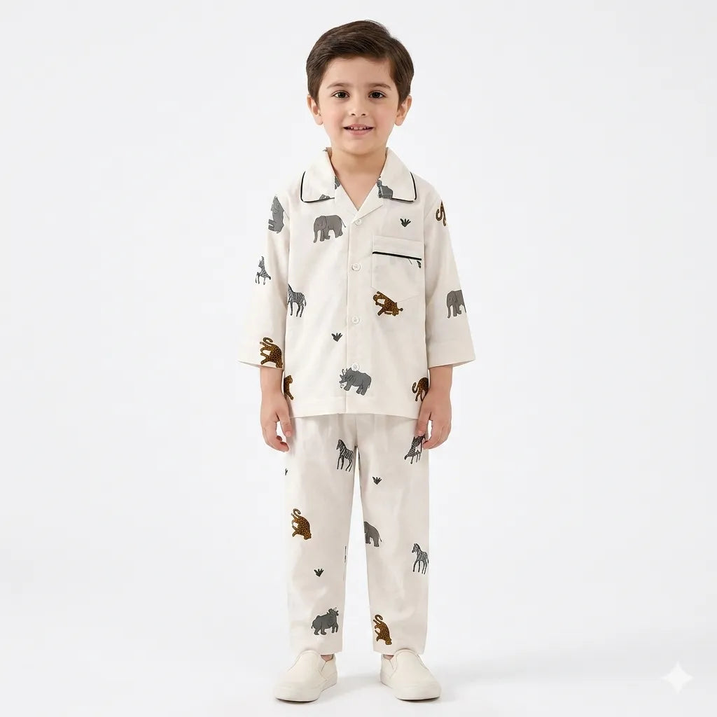 Kids Off White Animals Cotton Summer Night Suit (1 - 4 Years)