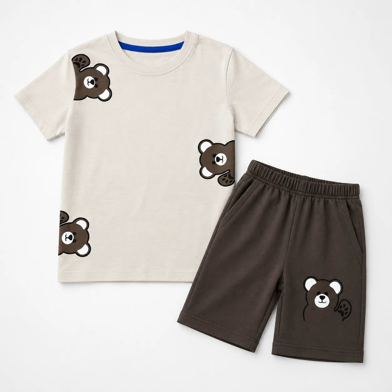 Boys Off White & Charcoal Grey Teddy Summer Coord Set (2 Piece) - Age 1 - 12 Years
