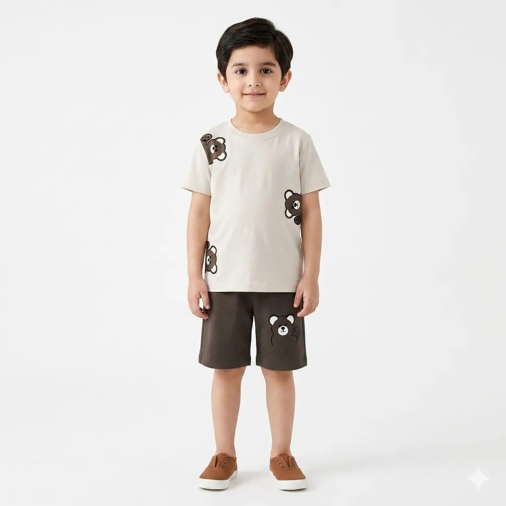 Boys Off White & Charcoal Grey Teddy Summer Coord Set (2 Piece) - Age 1 - 12 Years