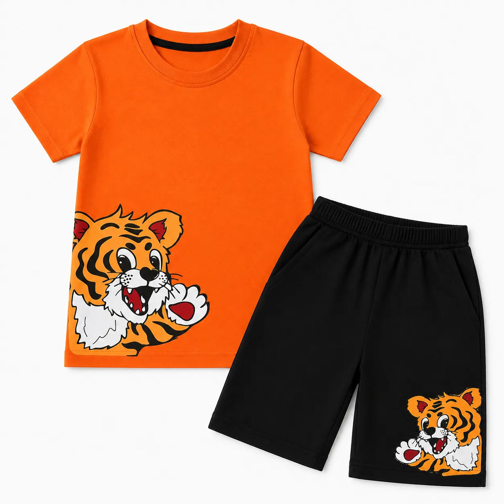 Boy wearing a bright orange tiger print summer coord set by lilcubspk, featuring a matching top and shorts for ages 1 to 12 years.