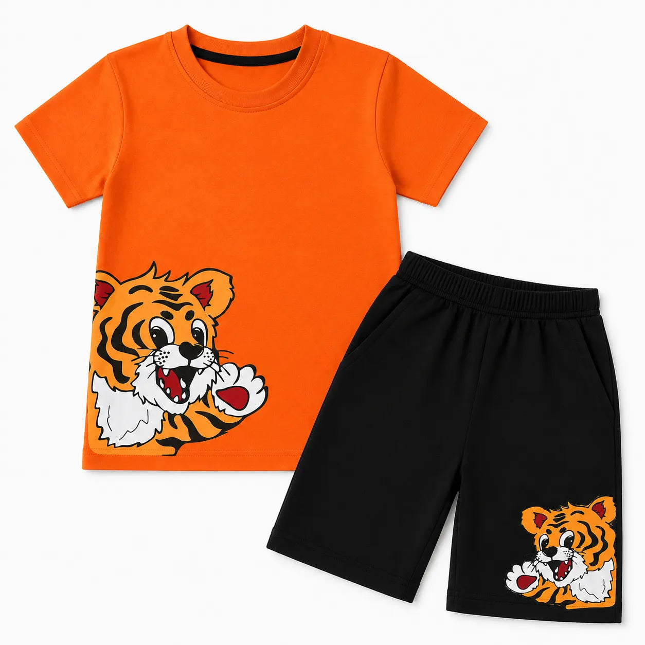 Boy wearing a bright orange tiger print summer coord set by lilcubspk, featuring a matching top and shorts for ages 1 to 12 years.