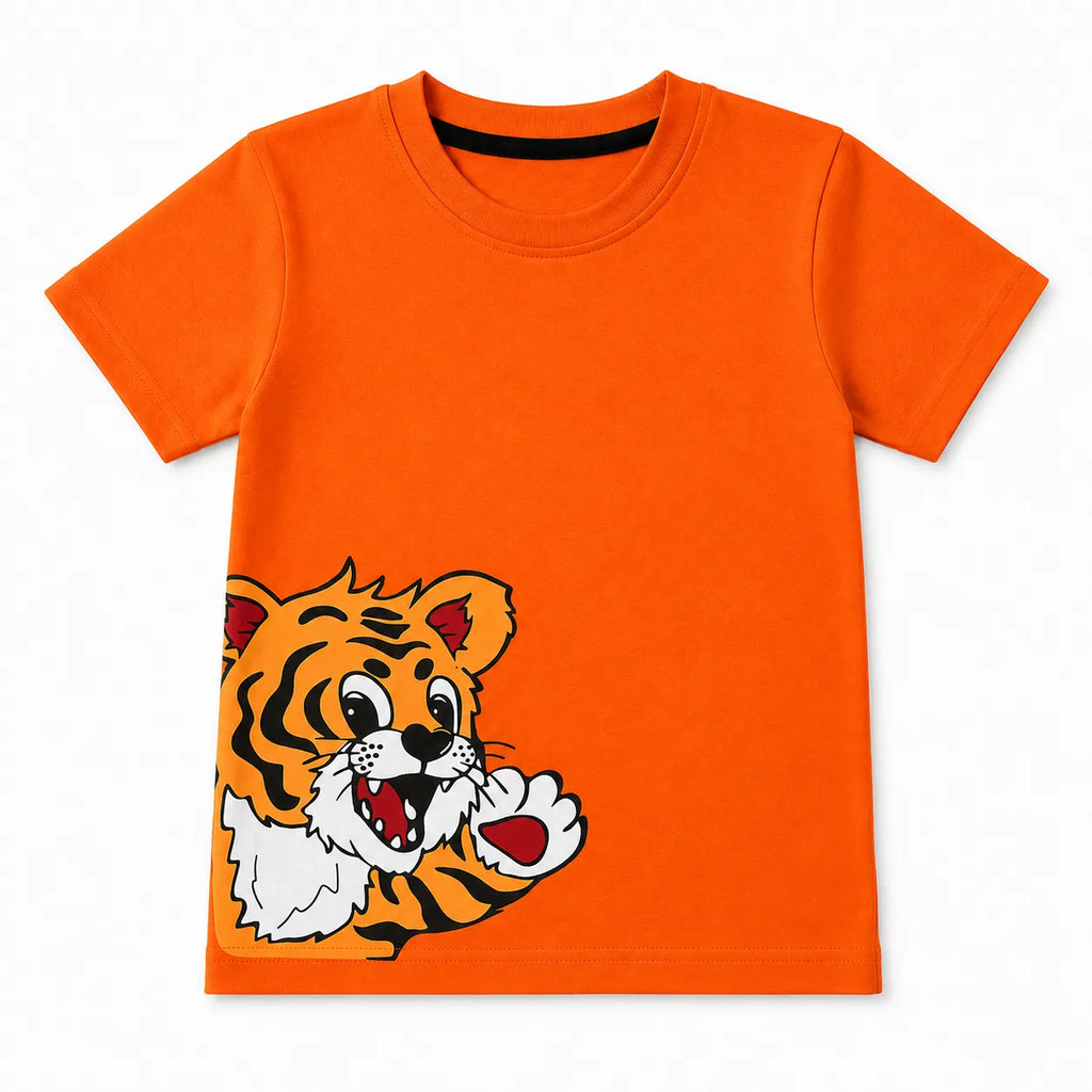 Orange boys' summer tiger print coord set by lilcubspk for ages 1 to 12, featuring a matching top and shorts in bright orange.