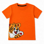 Orange boys' summer tiger print coord set by lilcubspk for ages 1 to 12, featuring a matching top and shorts in bright orange.