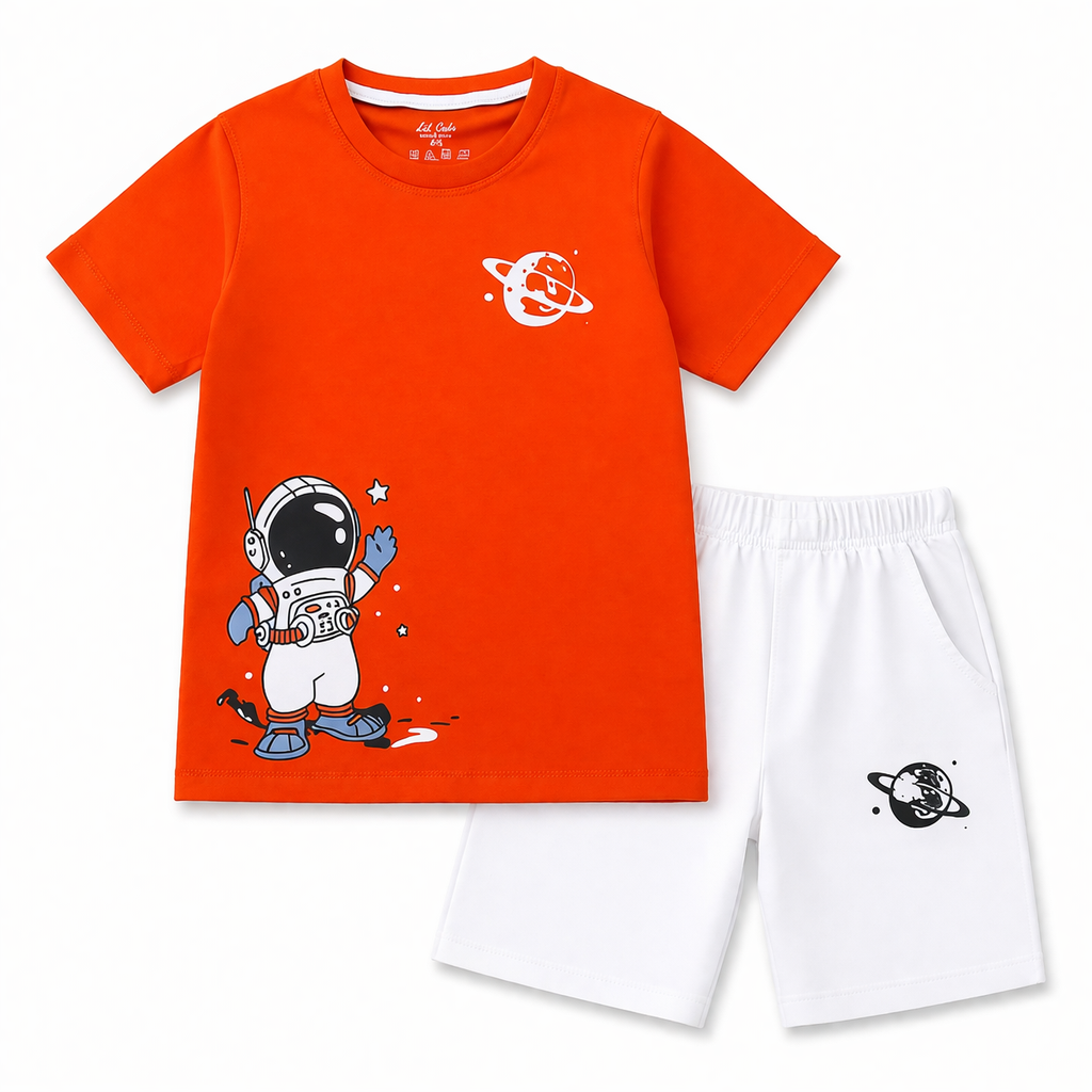 Summer Coord Set 2-Piece for Kids – Orange Astronaut Print Shirt & White Shorts with Planet Print