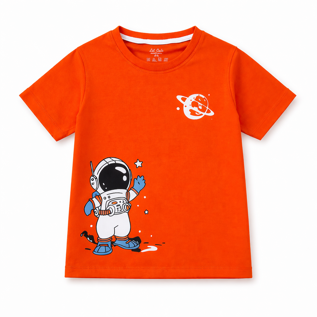 Summer Coord Set 2-Piece for Kids – Orange Astronaut Print Shirt & White Shorts with Planet Print