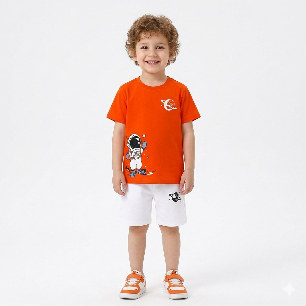Summer Coord Set 2-Piece for Kids – Orange Astronaut Print Shirt & White Shorts with Planet Print