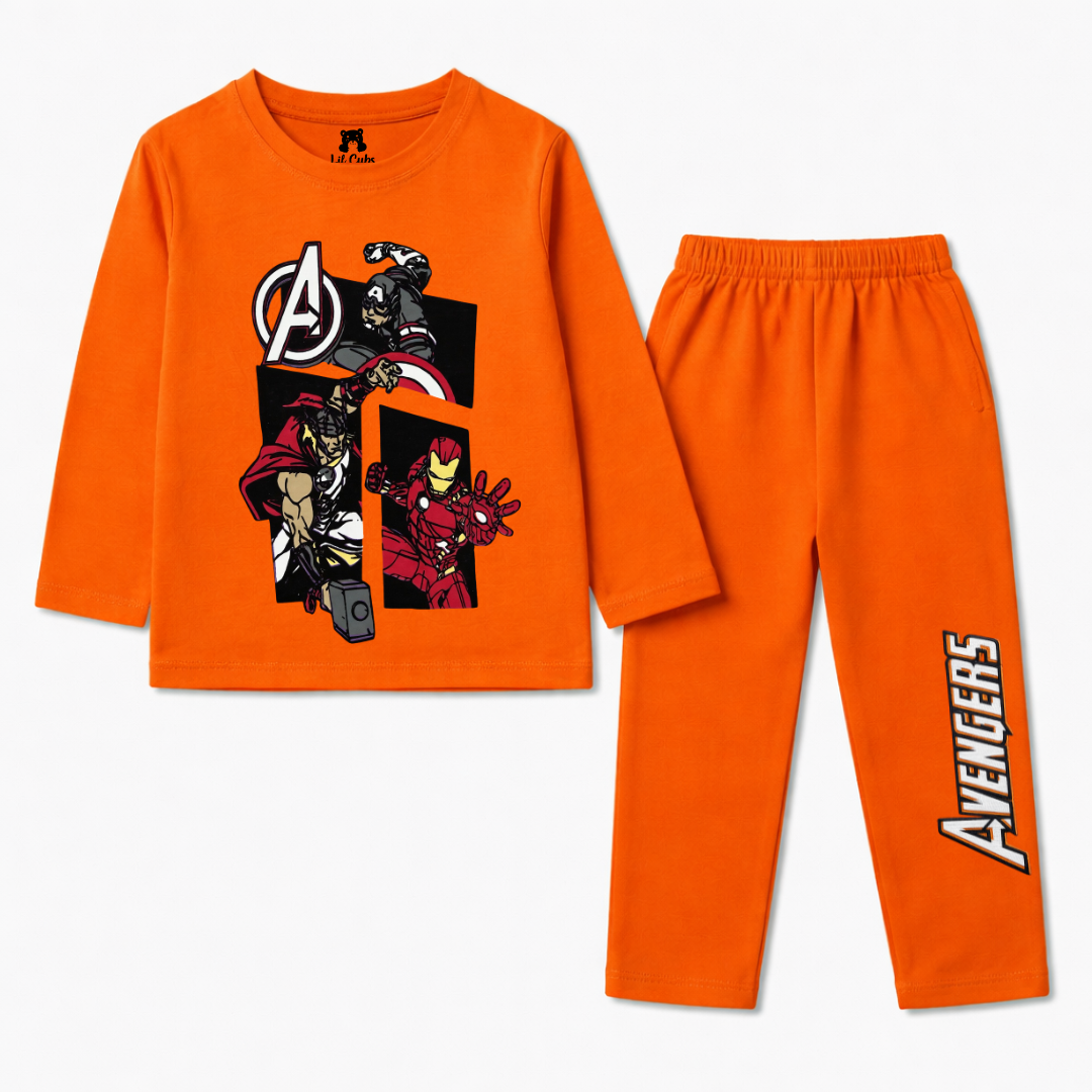 Orange Avengers Summer Coord Set - Jersey Cotton Fabric - Affordable Summer Outfits - Kidswear Brand in Pakistan - Stylish Design in Summer Outfits - Trendy Summer Articles - Lil' Cubs