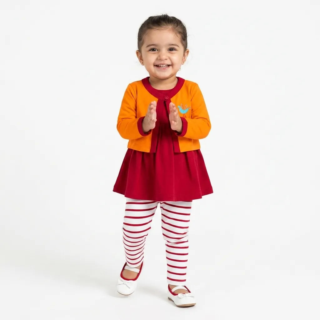 Orange & Red Bird Design Jacket Style Mid Season Suiting Set – 3 Piece