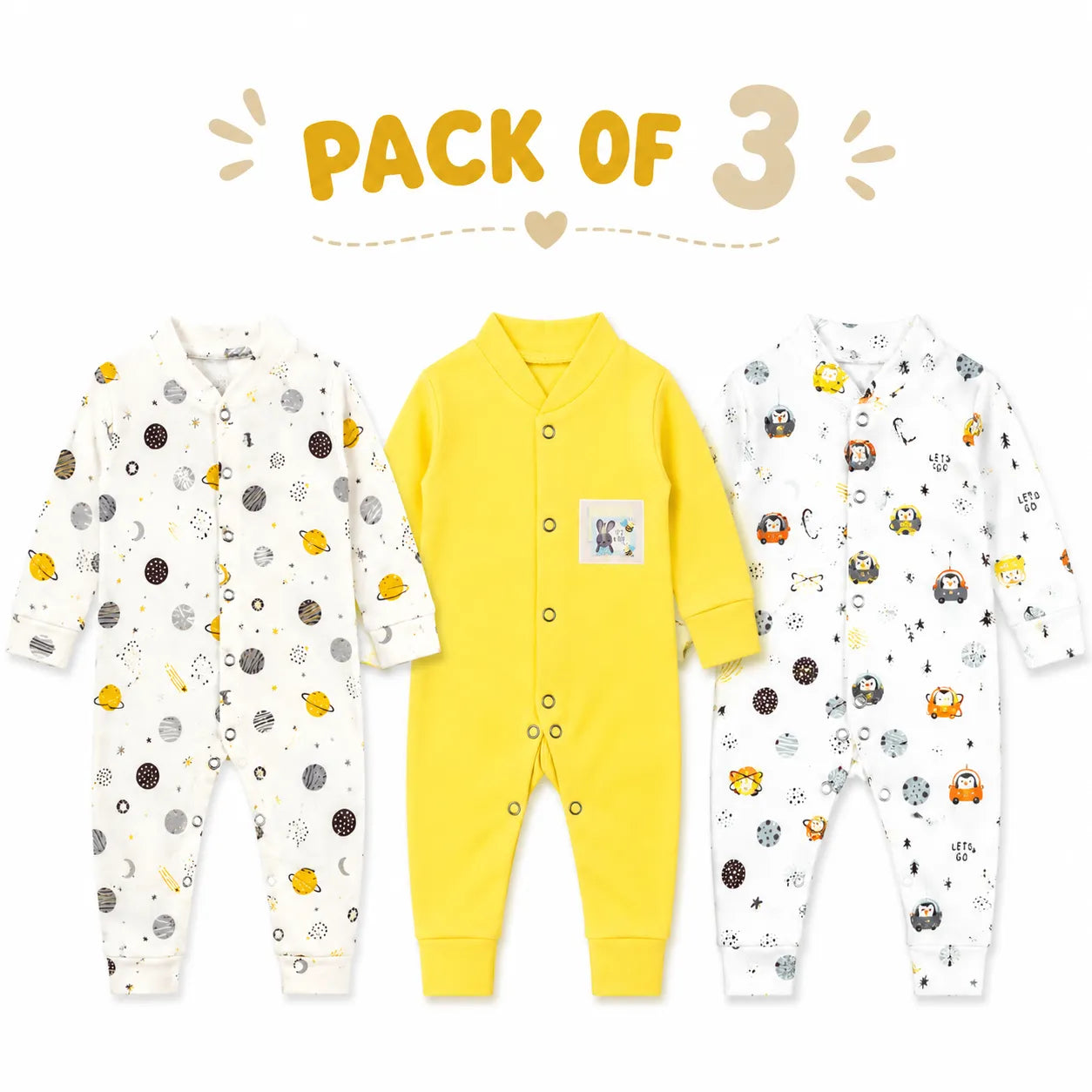 Pack of 3 Baby Romper Set White, Off White & Yellow (0 - 24 Months)