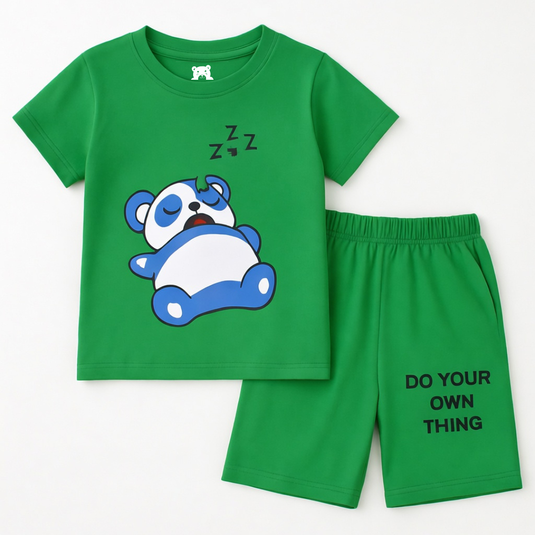 Trendy Kidswear Summer Coord Set - Lazy Panda Print Kids Outfit - Green Coord Set - Top Kidswear Brand Pakistan - Jersey Cotton Fabric - Lil' Cubs