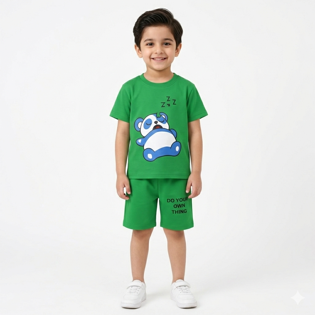 Trendy Kidswear Summer Coord Set - Lazy Panda Print Kids Outfit - Green Coord Set - Top Kidswear Brand Pakistan - Jersey Cotton Fabric - Lil' Cubs