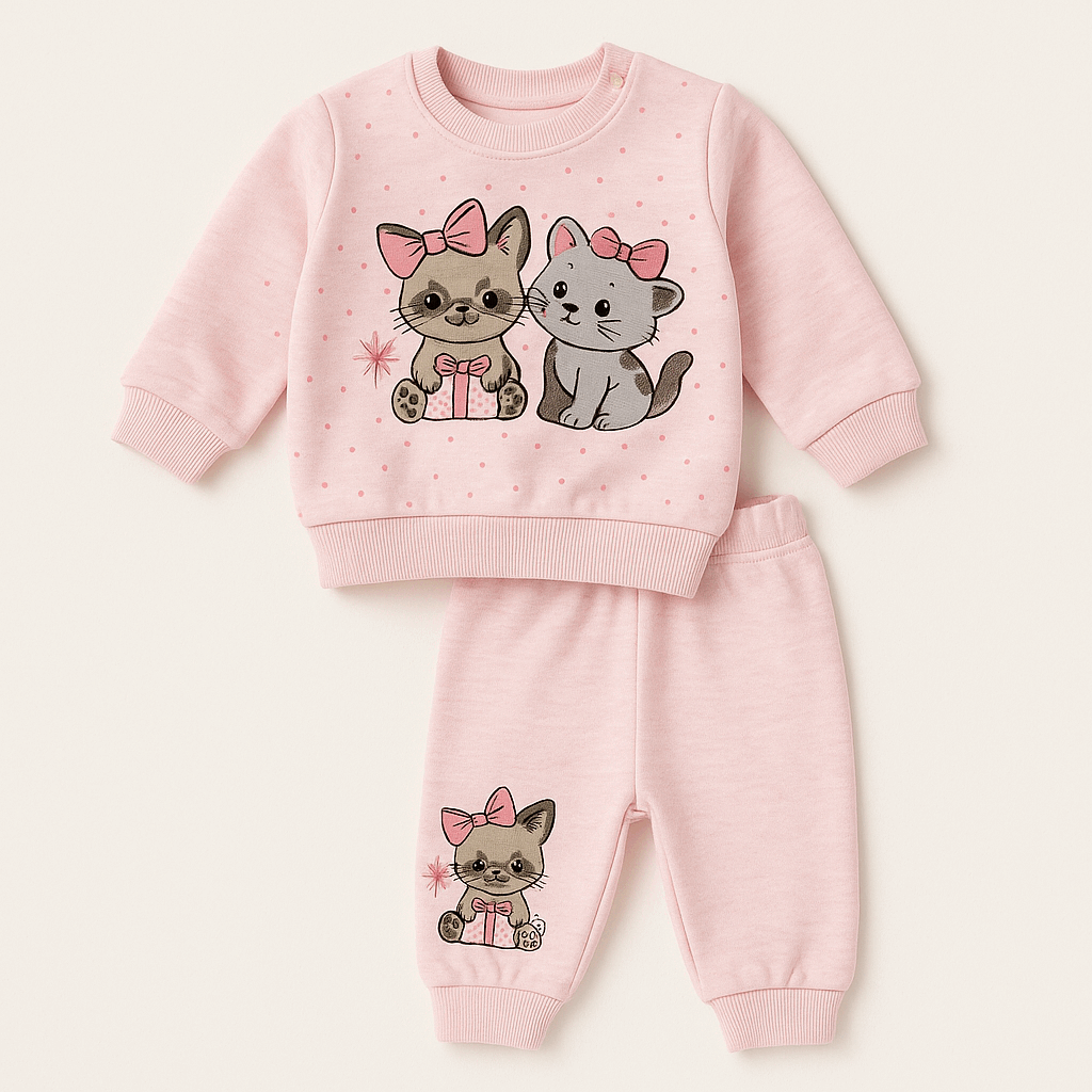 💖 Adorable Baby Girl Pink Kitten Outfit – 2-Piece Sweatshirt & Jogger Set
