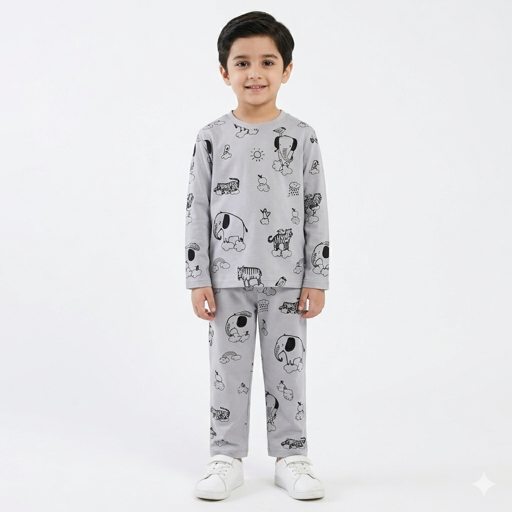 Trendy Kidswear Summer Coord Set - Animals Print Kids Outfit - Grey Coord Set - Top Kidswear Brand Pakistan - Jersey Cotton Fabric - Lil' Cubs