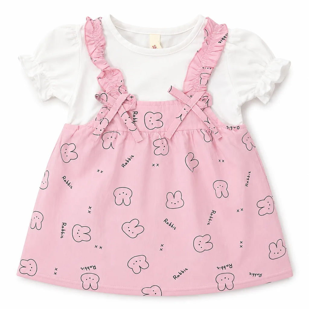 Girls Pink Rabbit Cotton Frock (Age 3 Months - 3 Years)