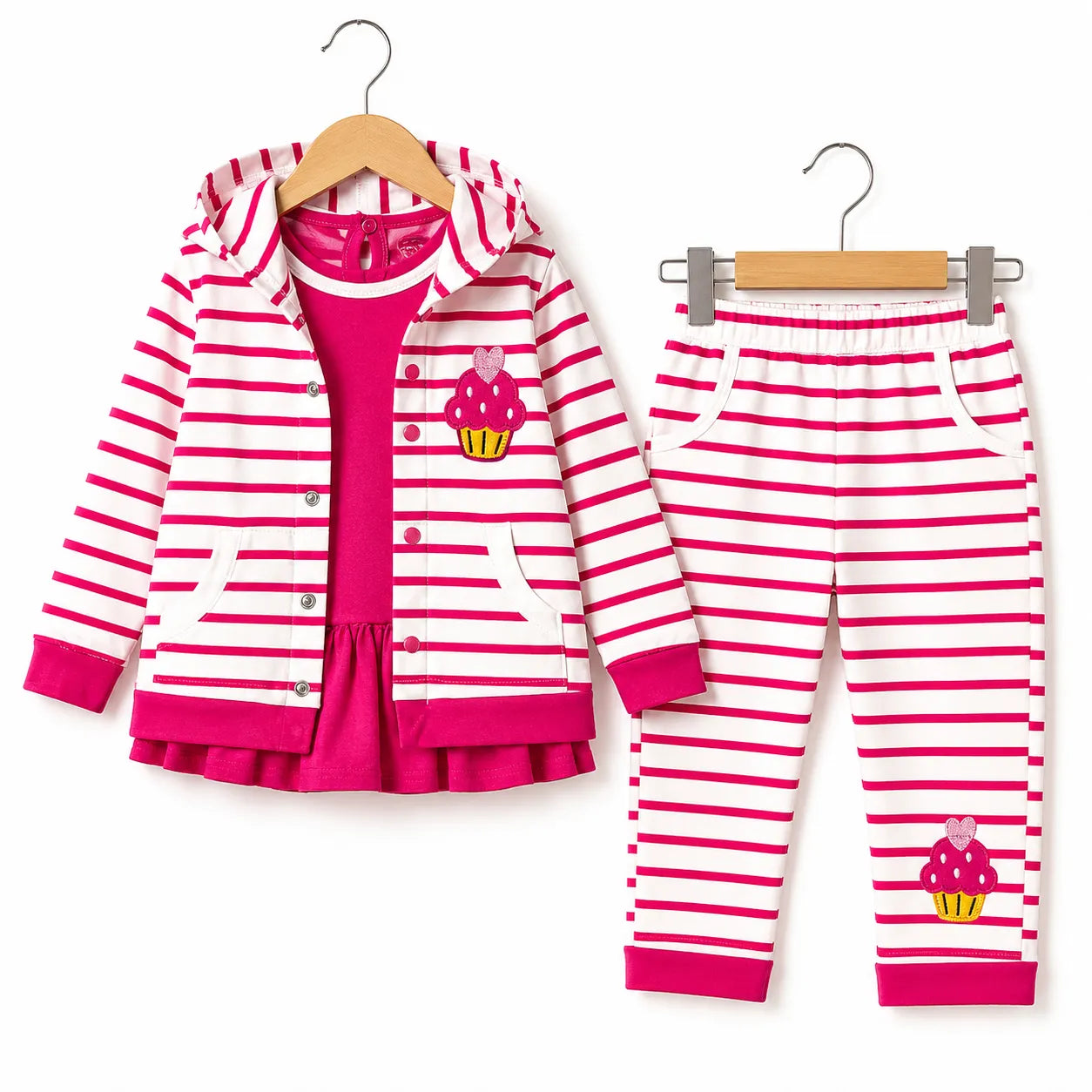 Pink Cupcake Design Hoodie Style Mid Season Suiting Set – 3 Piece