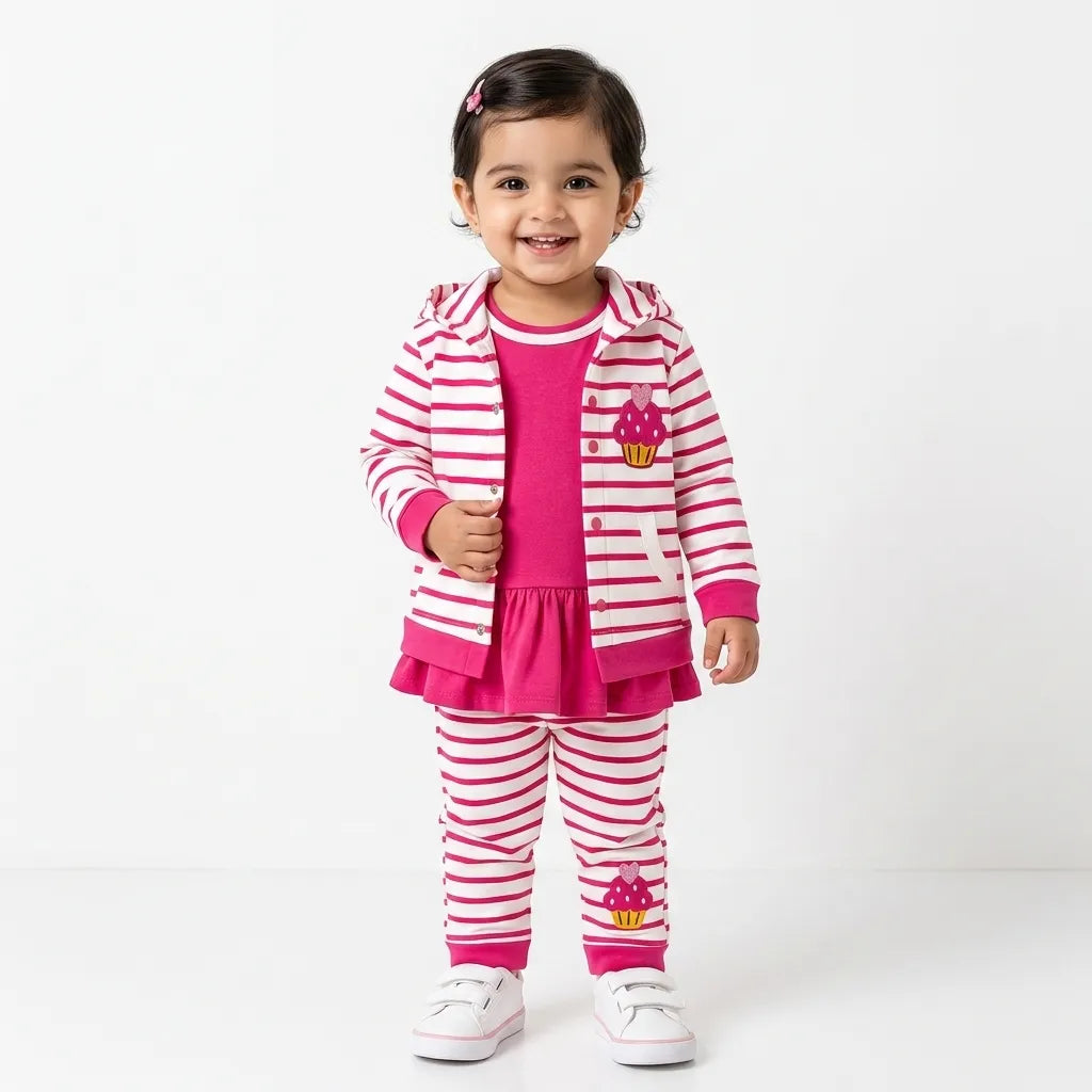 Pink Cupcake Design Hoodie Style Mid Season Suiting Set – 3 Piece