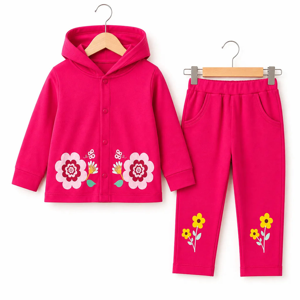 Pink Floral Hoodie Style Mid Season Suiting Set – 2 Piece
