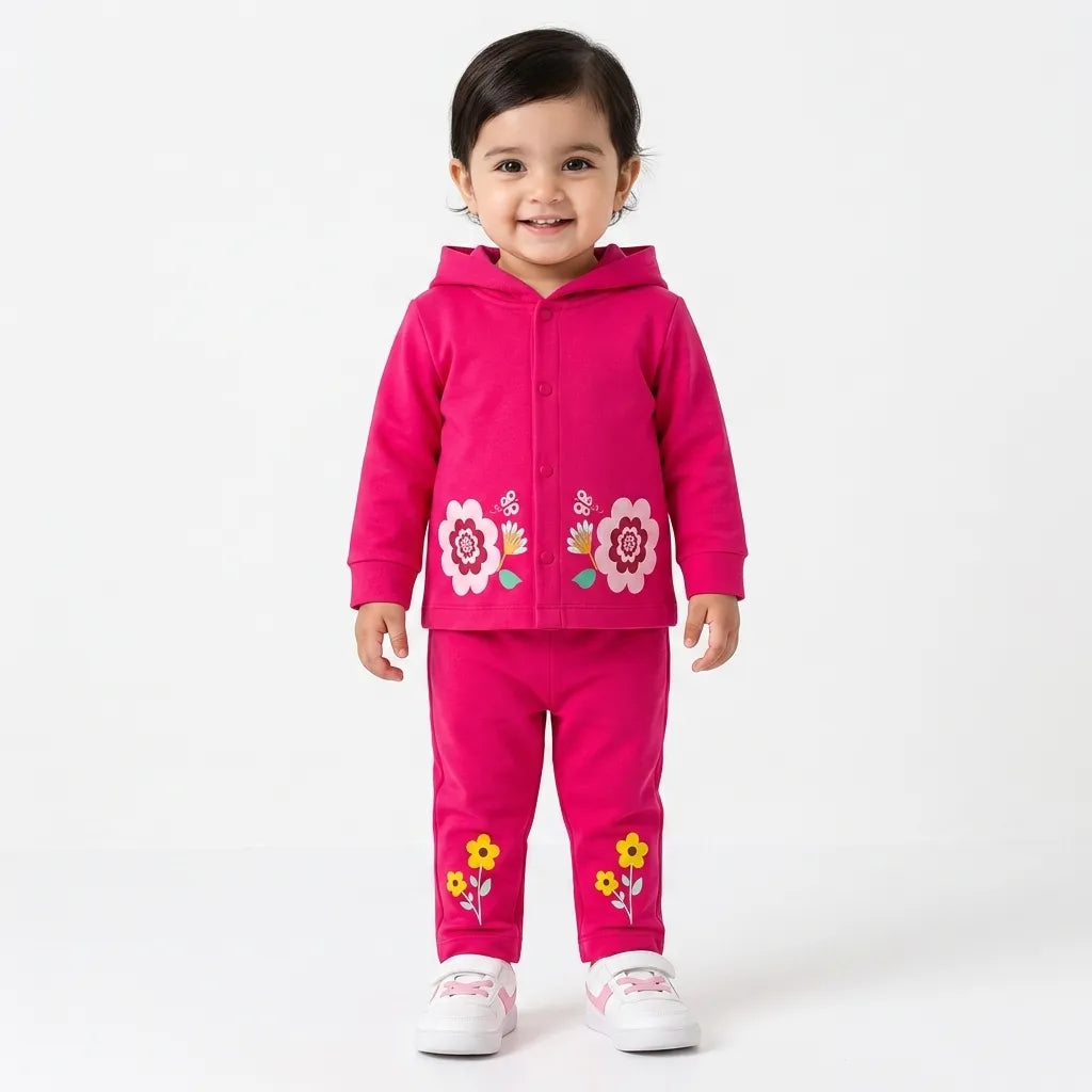 Pink Floral Hoodie Style Mid Season Suiting Set – 2 Piece