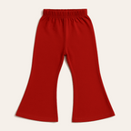  Solid red pull-on knit flare pants with elastic waistband, sizes 16–38 years.