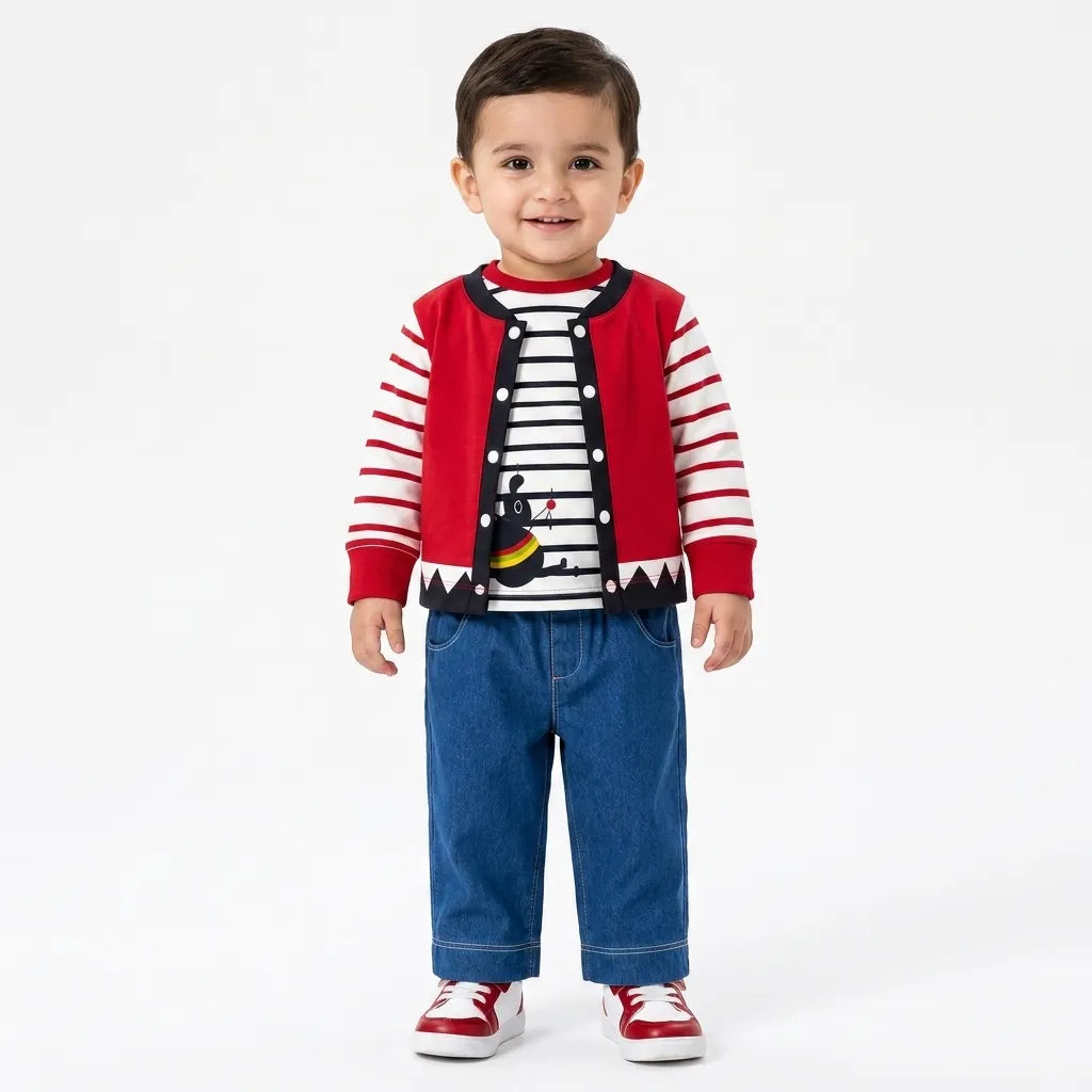 Red Jacket Style with Mouse Print Mid Season Suiting Set – 3 Piece