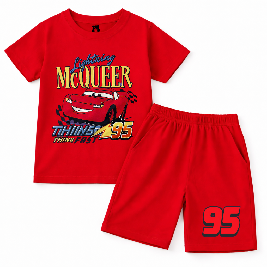 Trendy Kidswear Summer Coord Set - Lighting McQueen Print Kids Outfit - Red Coord Set - Top Kidswear Brand Pakistan - Jersey Cotton Fabric - Lil' Cub