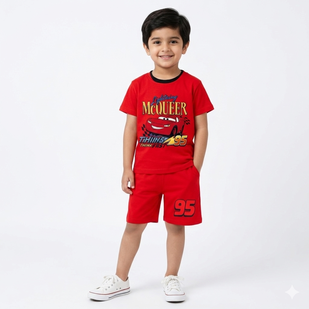 Trendy Kidswear Summer Coord Set - Lighting McQueen Print Kids Outfit - Red Coord Set - Top Kidswear Brand Pakistan - Jersey Cotton Fabric - Lil' Cub