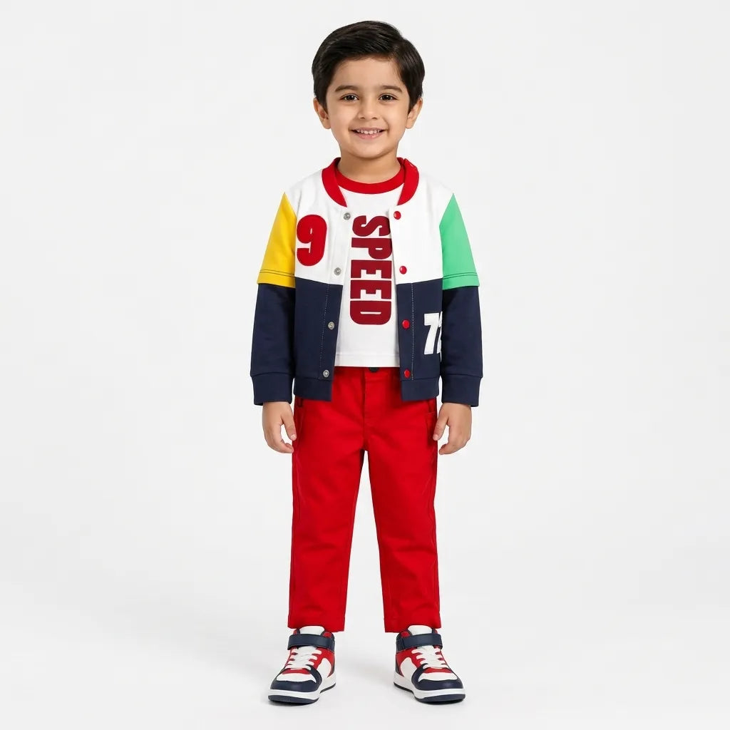Red & Navy Blue Jacket Style with Speed Print Mid Season Suiting Set – 3 Piece