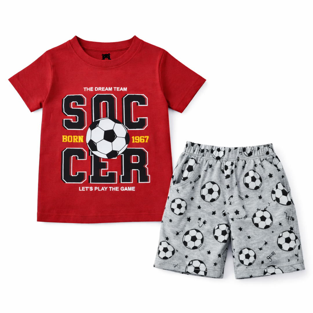 Red Soccer Summer Coord Set - Jersey Cotton Fabric - Summer Kidswear - Kidswear brand in Pakistan - Comfortable & Stylish Outfit - Summer Outfit for boys - Trendy Outfit for kids - Cotton Outfit - Lil' Cubs