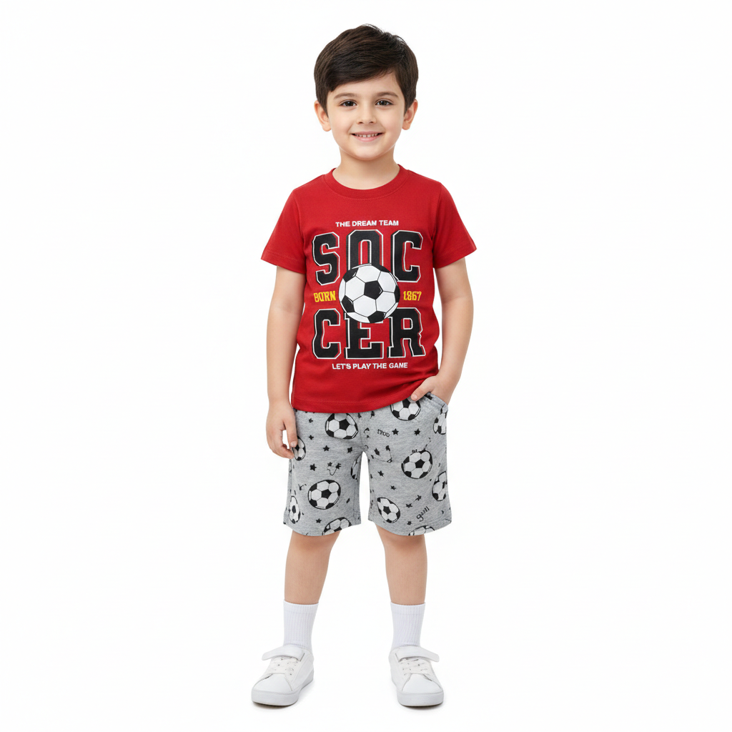 Red Soccer Summer Coord Set - Jersey Cotton Fabric - Summer Kidswear - Kidswear brand in Pakistan - Comfortable & Stylish Outfit - Summer Outfit for boys - Trendy Outfit for kids - Cotton Outfit - Lil' Cubs