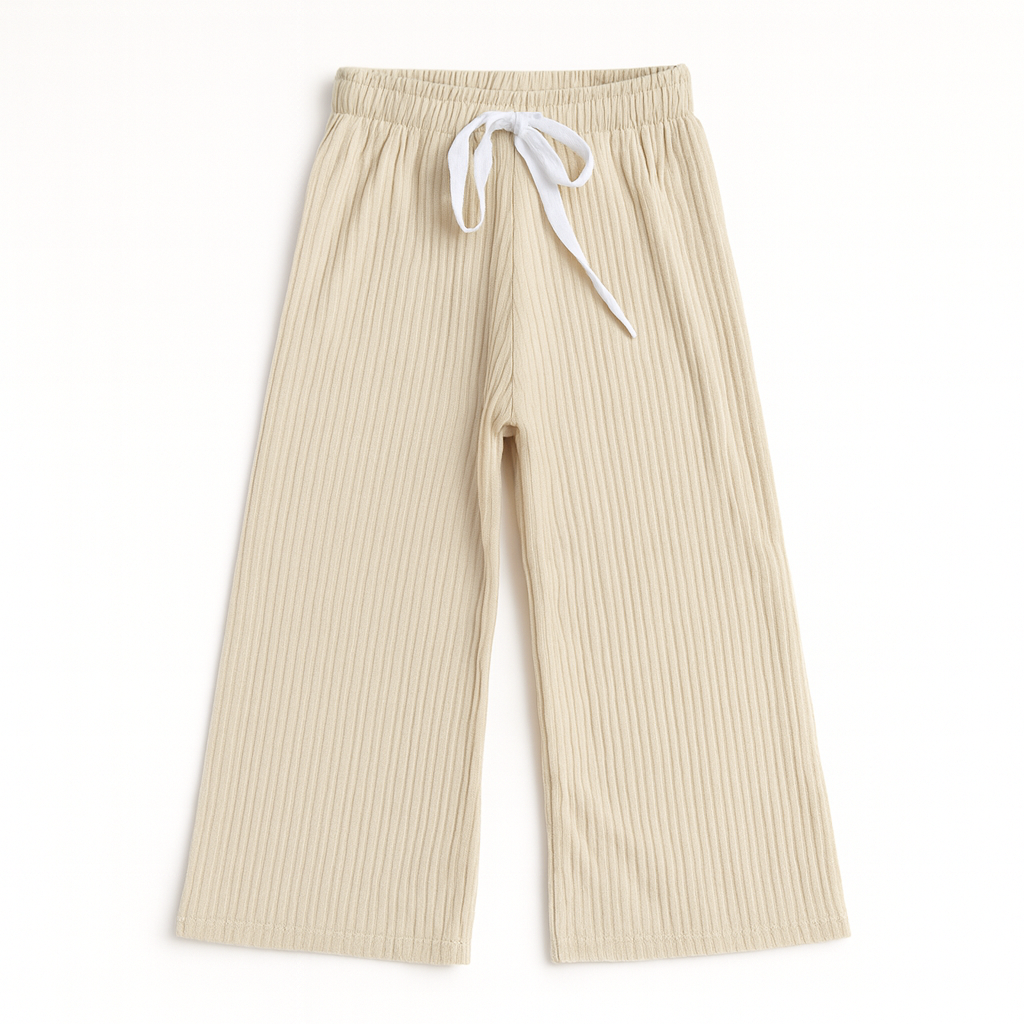 Ribbed Comfy Wide-Leg Bottoms for Kids – Neutral Beige