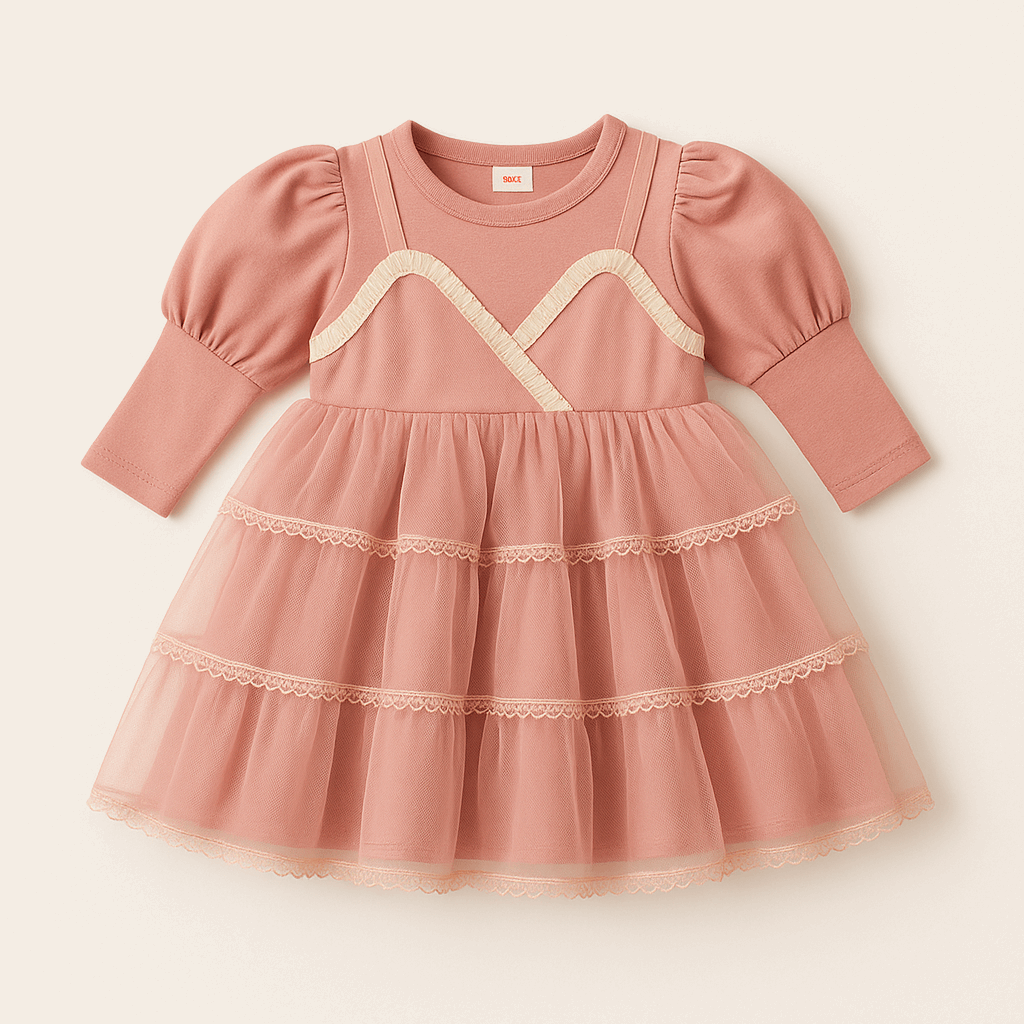 "Rose Pink Layered Tulle Party Frock for Girls – Long Sleeve Princess Dress (3–7 Years)"