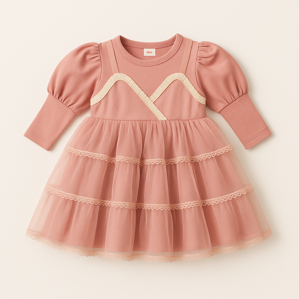 "Rose Pink Layered Tulle Party Frock for Girls – Long Sleeve Princess Dress (3–7 Years)"