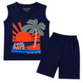 Boy wearing navy blue Cool Days print summer coord set by lilcubspk, featuring a two-piece outfit for ages 1 to 12 years.