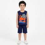Boys navy blue Cool Days print summer 2-piece coord set by lilcubspk, featuring a royal blue top and matching shorts for ages 1-12.