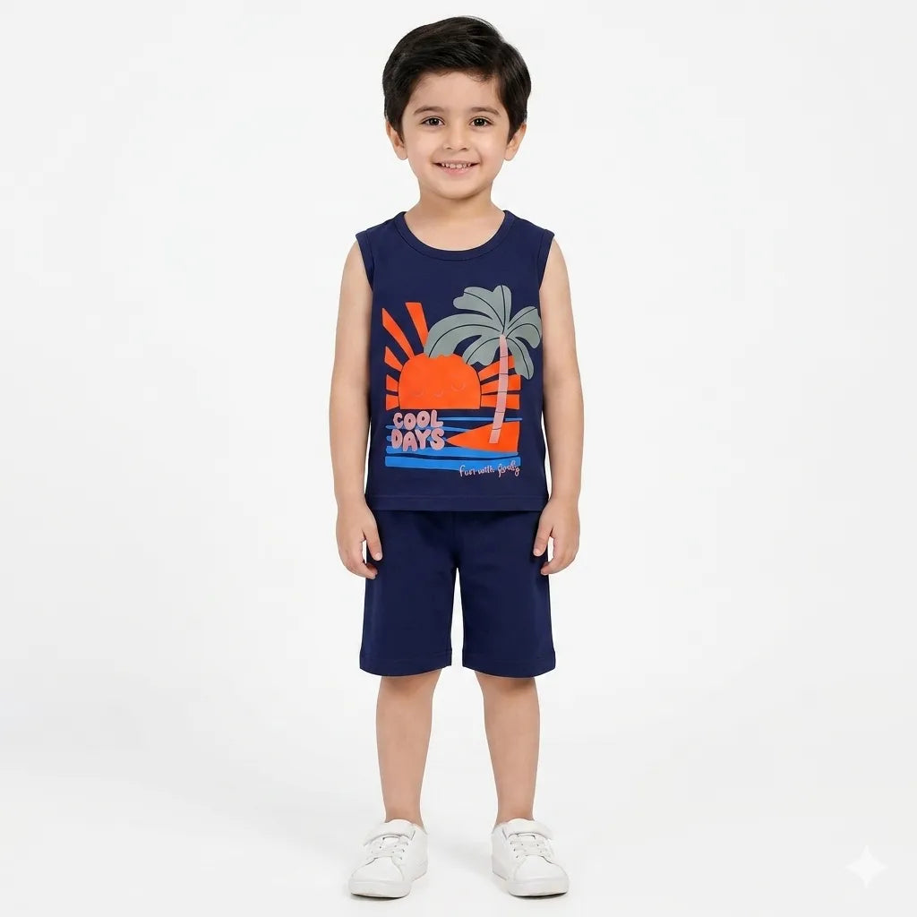 Boys Navy Blue Cool Days Print Summer Coord Set (2-Piece) Age 1 - 12 Years