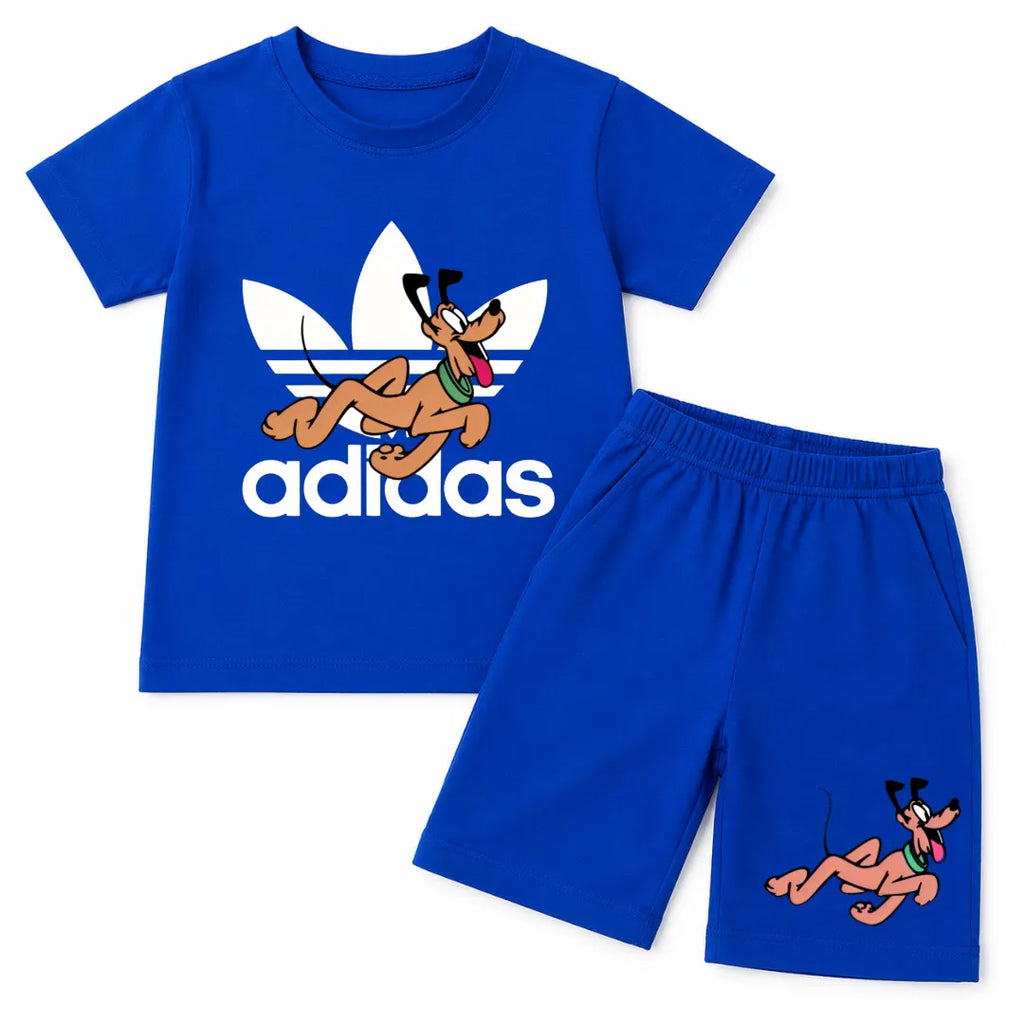 Boy wearing Lilcubs royal blue Pluto summer coord set, 2-piece outfit for ages 1-12, featuring playful Pluto design.
