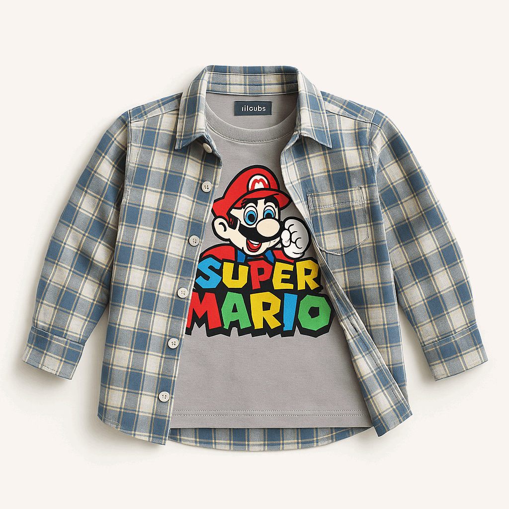 Super Mario Bold Tee Combo – Sky Blue Classic Double Shirt | LilCubs