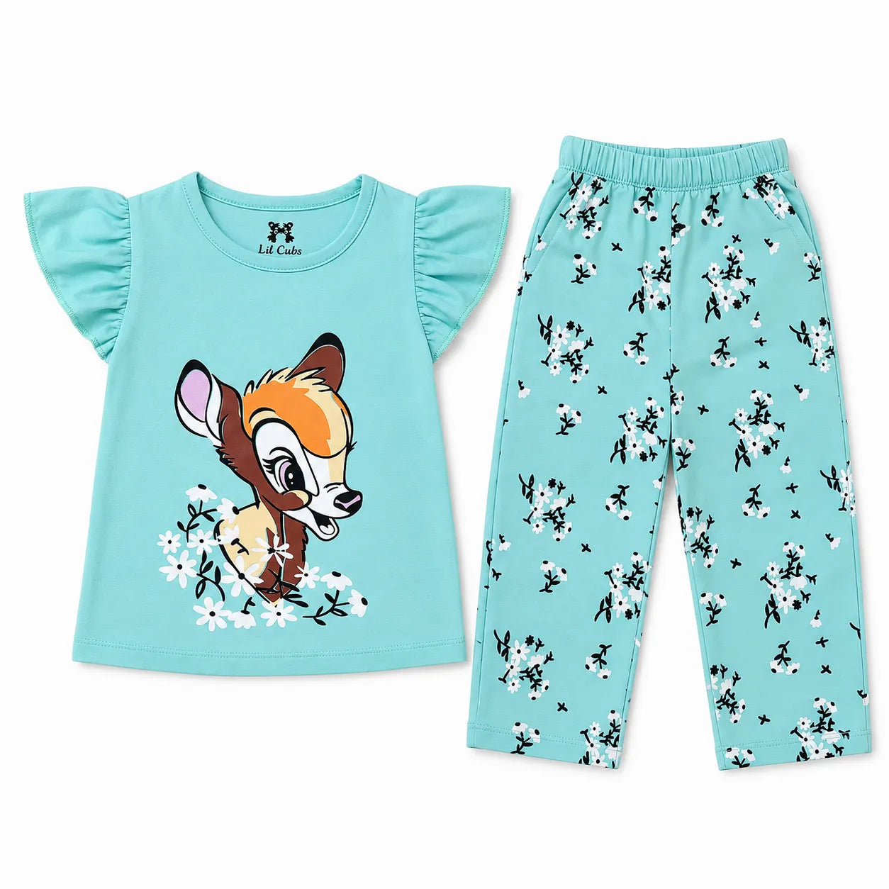 Sea Green Bambi Outfit - Summer Coord Set 2 Piece - Jersey Cotton Fabric - Sea Green Kids Outfits - Girls Coord Set - Girls Favourite Cartoon Character Coord Set - Summer Wear for Kids - Affordable Clothing Brand in Pakistan - Kidswear Brand Pakistan - Lil' Cubs