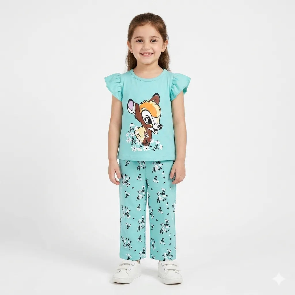Sea Green Bambi Outfit - Summer Coord Set 2 Piece - Jersey Cotton Fabric - Sea Green Kids Outfits - Girls Coord Set - Girls Favourite Cartoon Character Coord Set - Summer Wear for Kids - Affordable Clothing Brand in Pakistan - Kidswear Brand Pakistan - Lil' Cubs