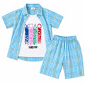Sky blue check gamer way print summer coord set for boys, size 1-12 years, featuring a matching top and shorts from lilcubspk.